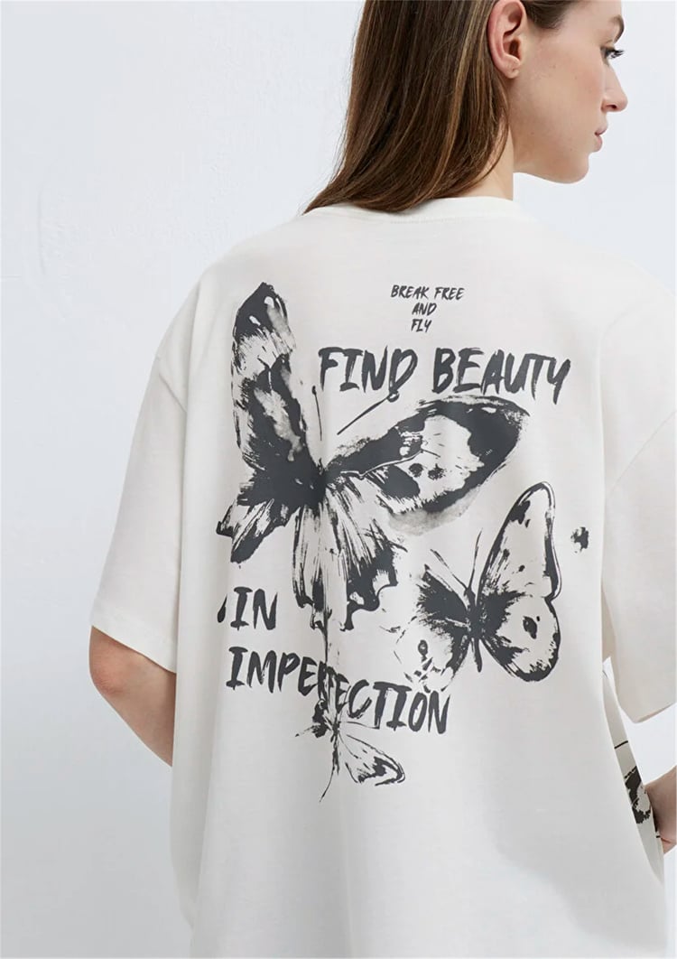 Mavi Y26 M1613872-80194 Hindistan Cevizi Kadın Oversıze Kelebek Baskılı T-shirt