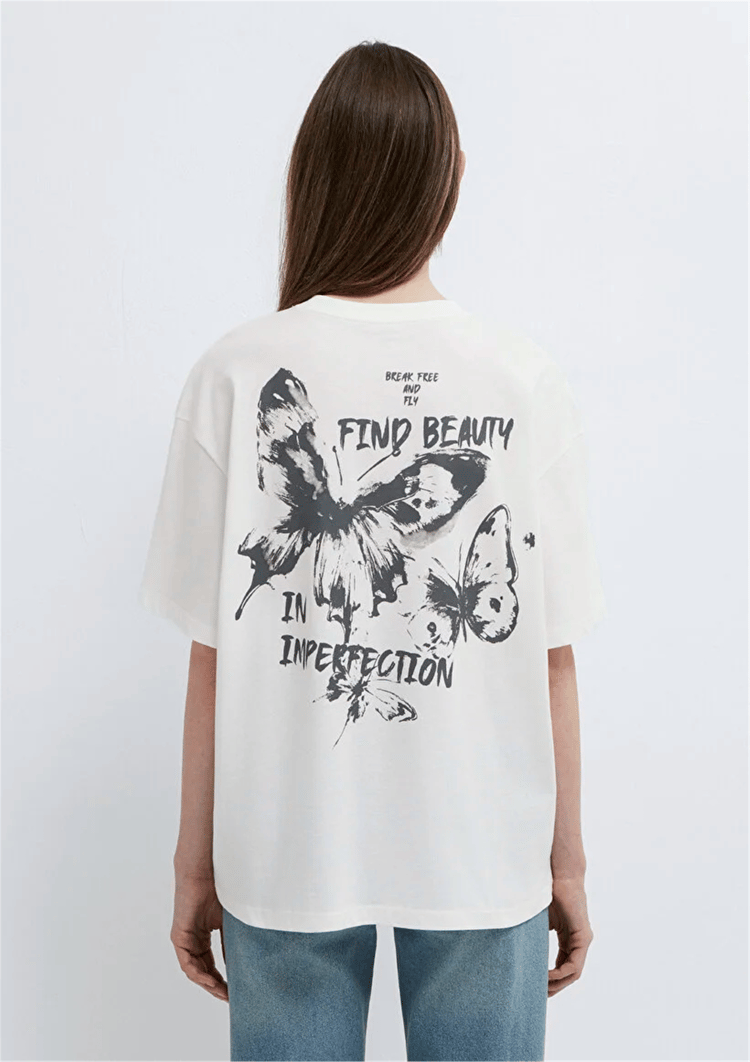 Mavi Y26 M1613872-80194 Hindistan Cevizi Kadın Oversıze Kelebek Baskılı T-shirt