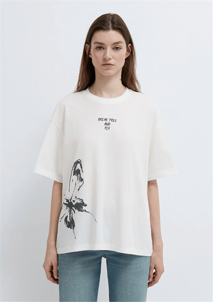 Mavi Y26 M1613872-80194 Hindistan Cevizi Kadın Oversıze Kelebek Baskılı T-shirt