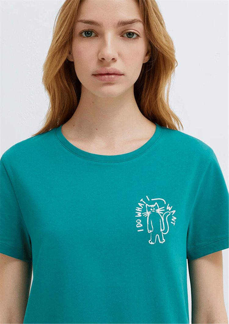 Mavi Y26 M1613873-71914 Koyu Yeşil Kadın Slim Kedi Baskılı T-shirt