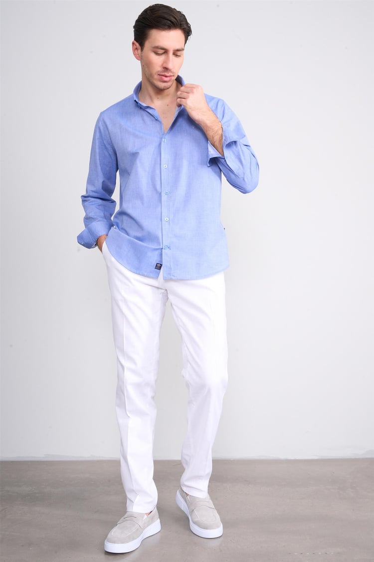 Mentality 2197 Erkek Uzun Kol Düz Denim Slim Fit Gömlek 1-3 Koyu Mavi