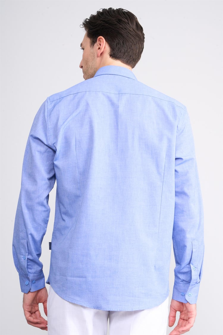 Mentality 2197 Erkek Uzun Kol Düz Denim Slim Fit Gömlek 1-3 Koyu Mavi