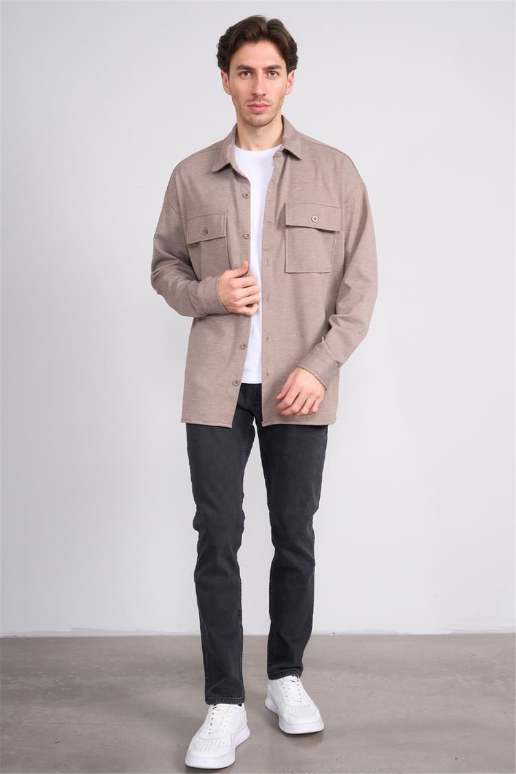 Mentality 2299 Erkek Uzun Kol Sementa Regular Overshirt Gömlek Koyu Bej