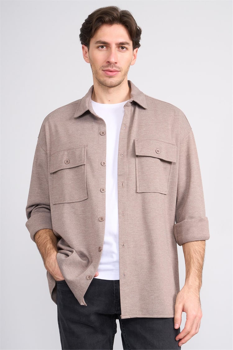 Mentality 2299 Erkek Uzun Kol Sementa Regular Overshirt Gömlek Koyu Bej