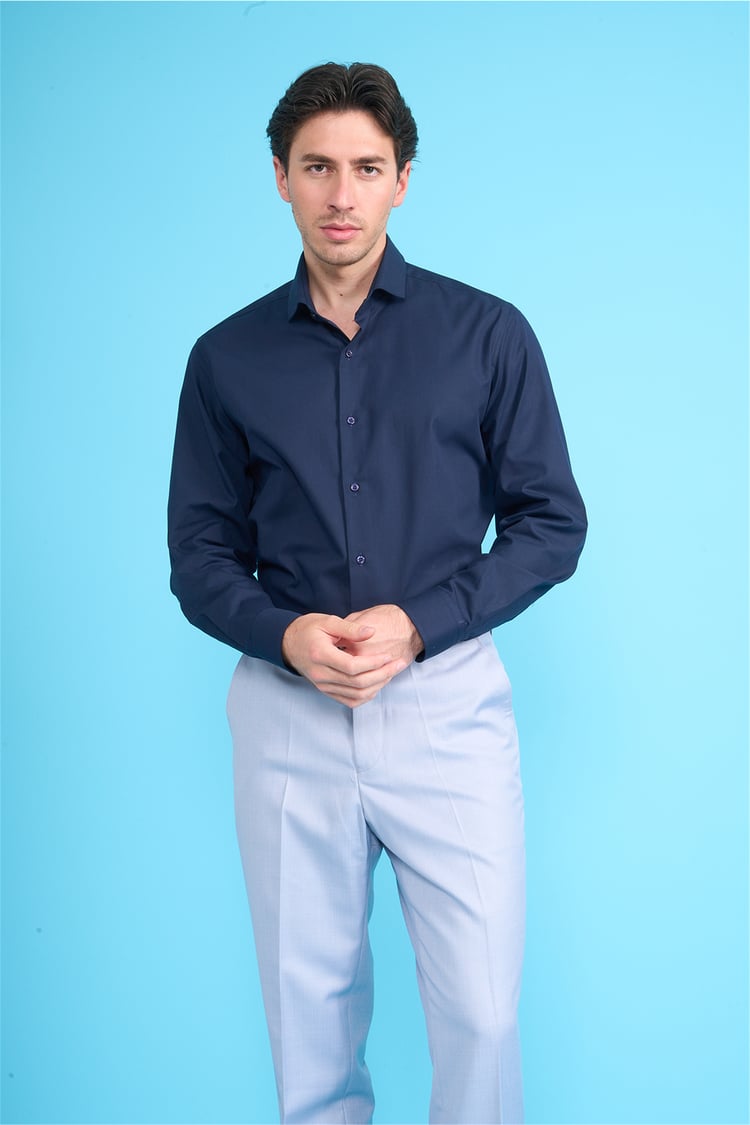 Mentality 2441 Erkek Uzun Kol Slimfit 60/1 Saten Gömlek Koyu Mavi