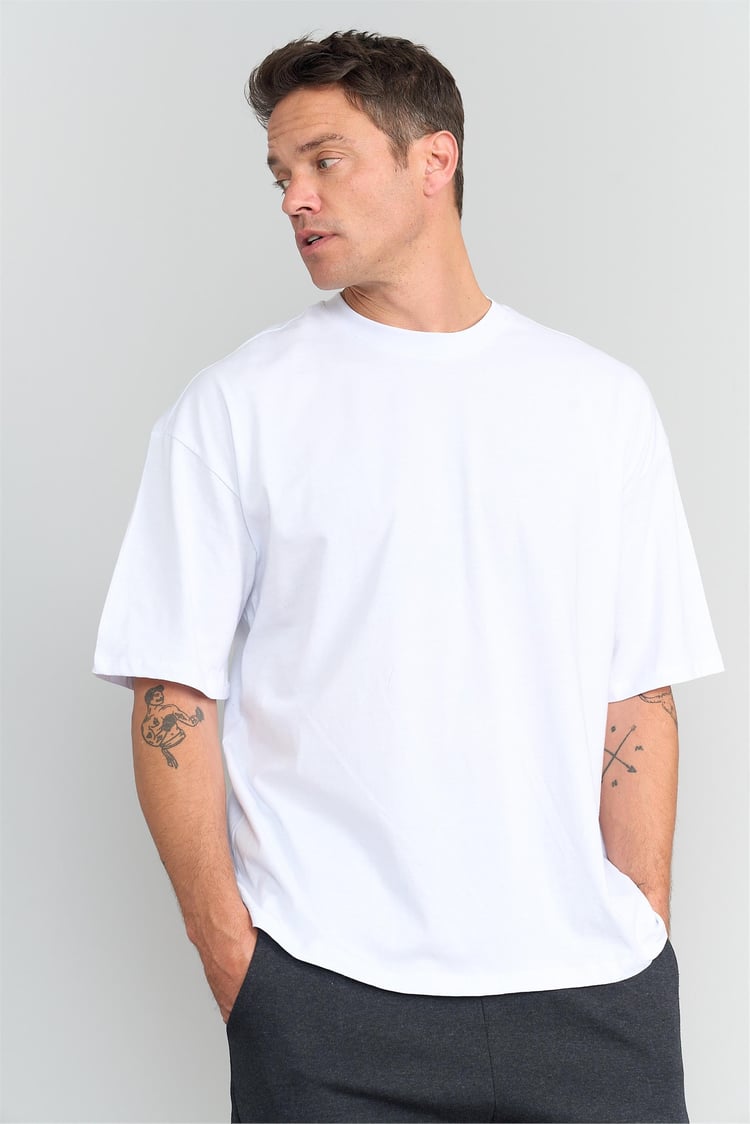 Mentality 3407 Erkek Bisiklet Yaka Oversize Penye T-shirt Beyaz