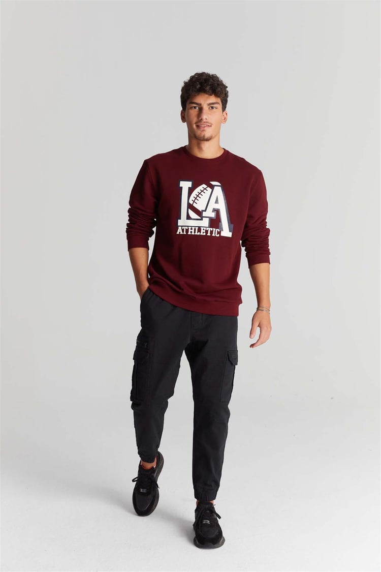 Mentality 3539 Bisiklet Yaka 3 İplik Şardonlu Baskılı Bordo Sweatshirt