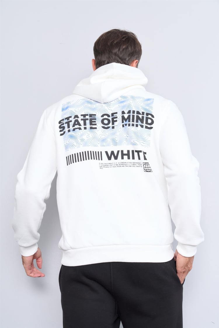 Mentality 3544 Kapüşonlu 3 İplik Şardonlu Baskılı Krem Sweatshirt