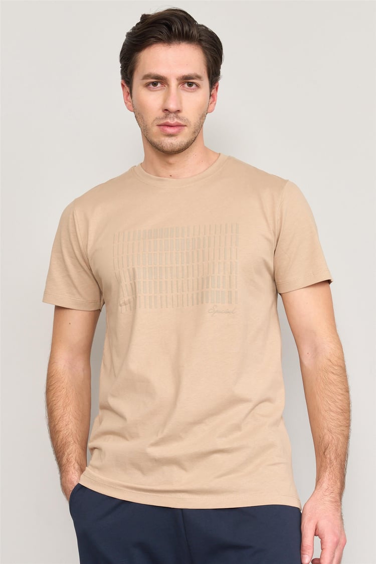 Mentality 4035 Erkek Bisiklet Yaka Baskılı Regular T-shirt Taş