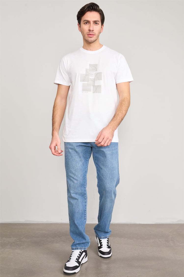 Mentality 4036 Erkek Bisiklet Yaka Baskılı Regular T-shirt Beyaz