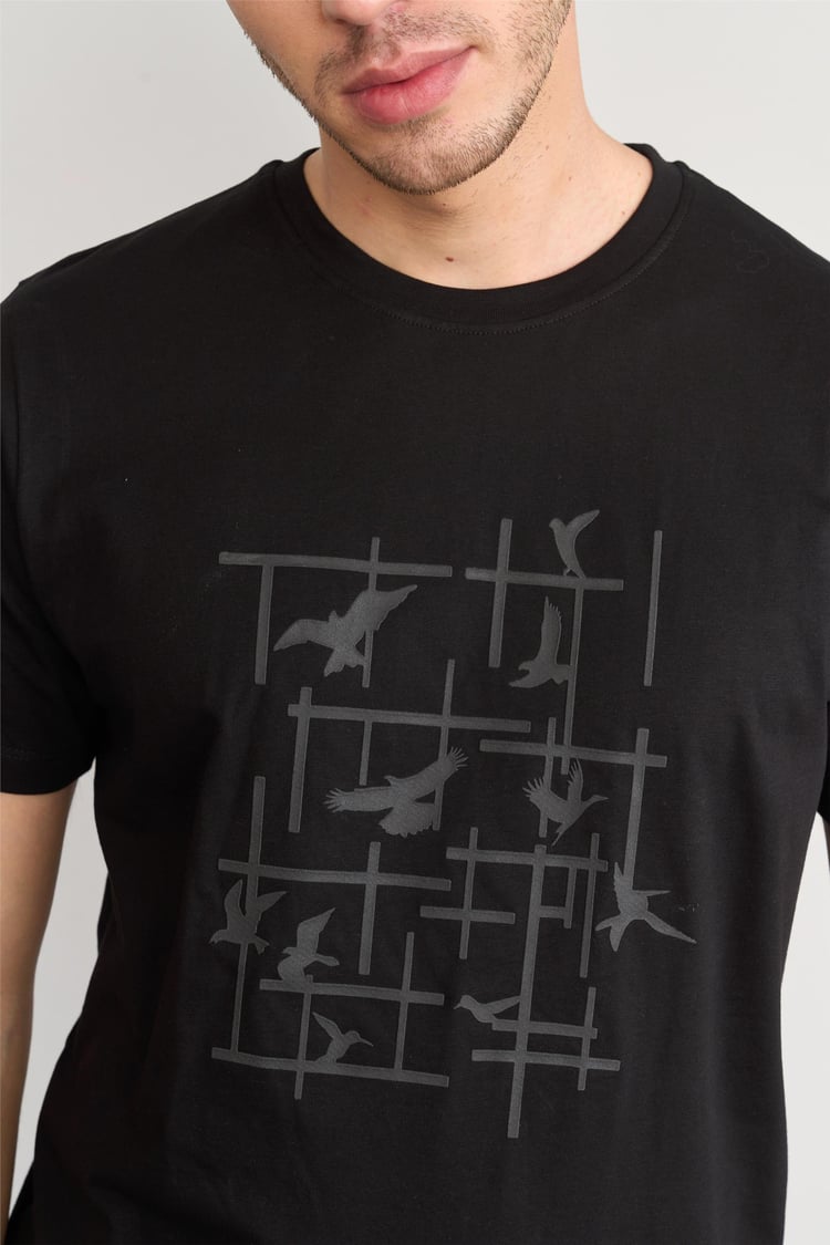 Mentality 4042 Erkek Bisiklet Yaka Baskılı Regular T-shirt Siyah