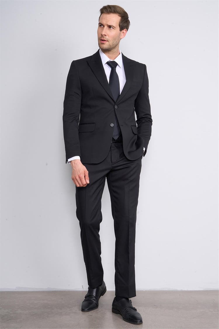 Mentality 9126 Erkek Sivri Yaka Slim Fit Jogger Takım Elbise Siyah
