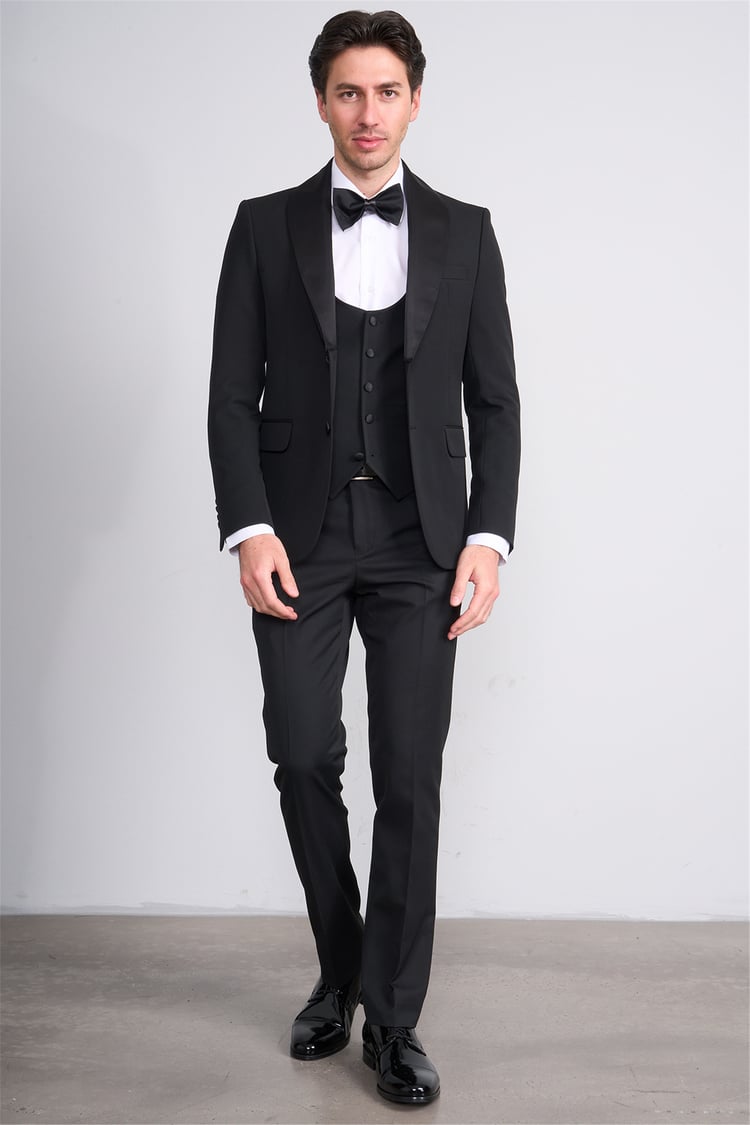 Mentality 9228 Erkek Şal Yaka Slim Fit Loco Yelekli Takım Elbise Siyah