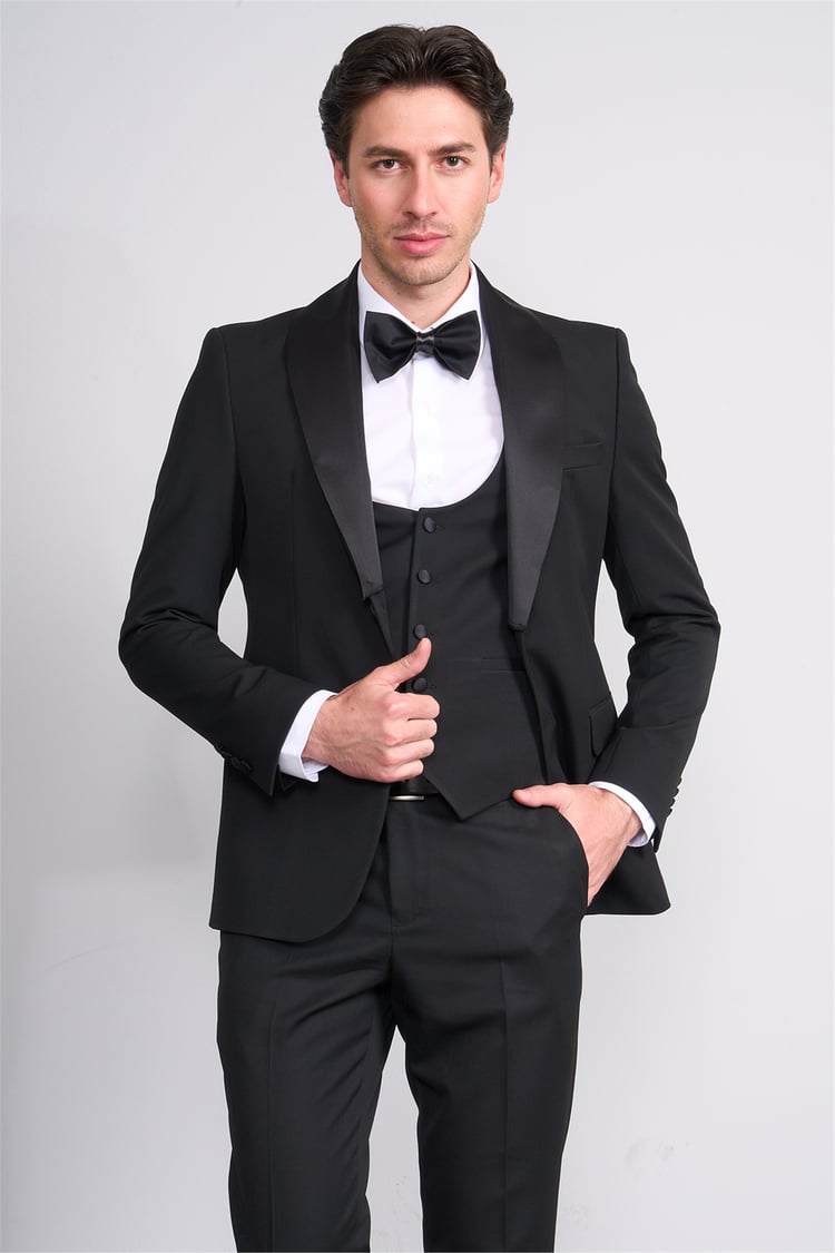 Mentality 9228 Erkek Şal Yaka Slim Fit Loco Yelekli Takım Elbise Siyah