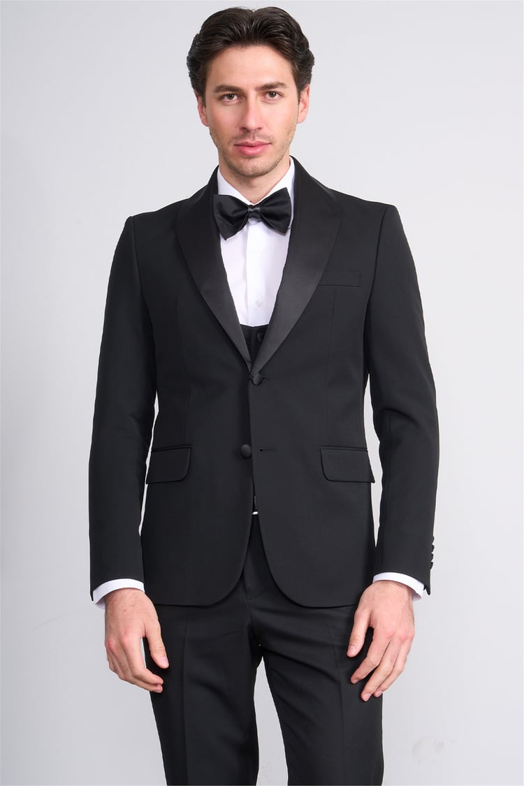 Mentality 9228 Erkek Şal Yaka Slim Fit Loco Yelekli Takım Elbise Siyah