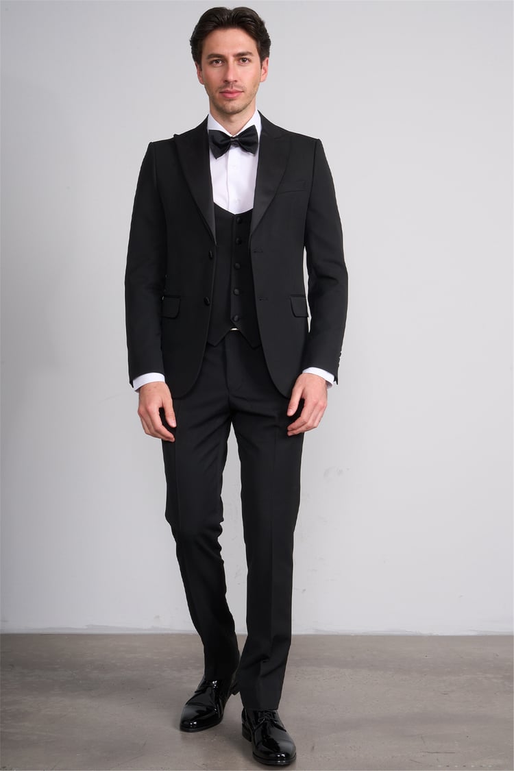 Mentality 9229 Erkek Kırlangıç Yaka Slim Fit Loco Yelekli Takım Elbise Siyah