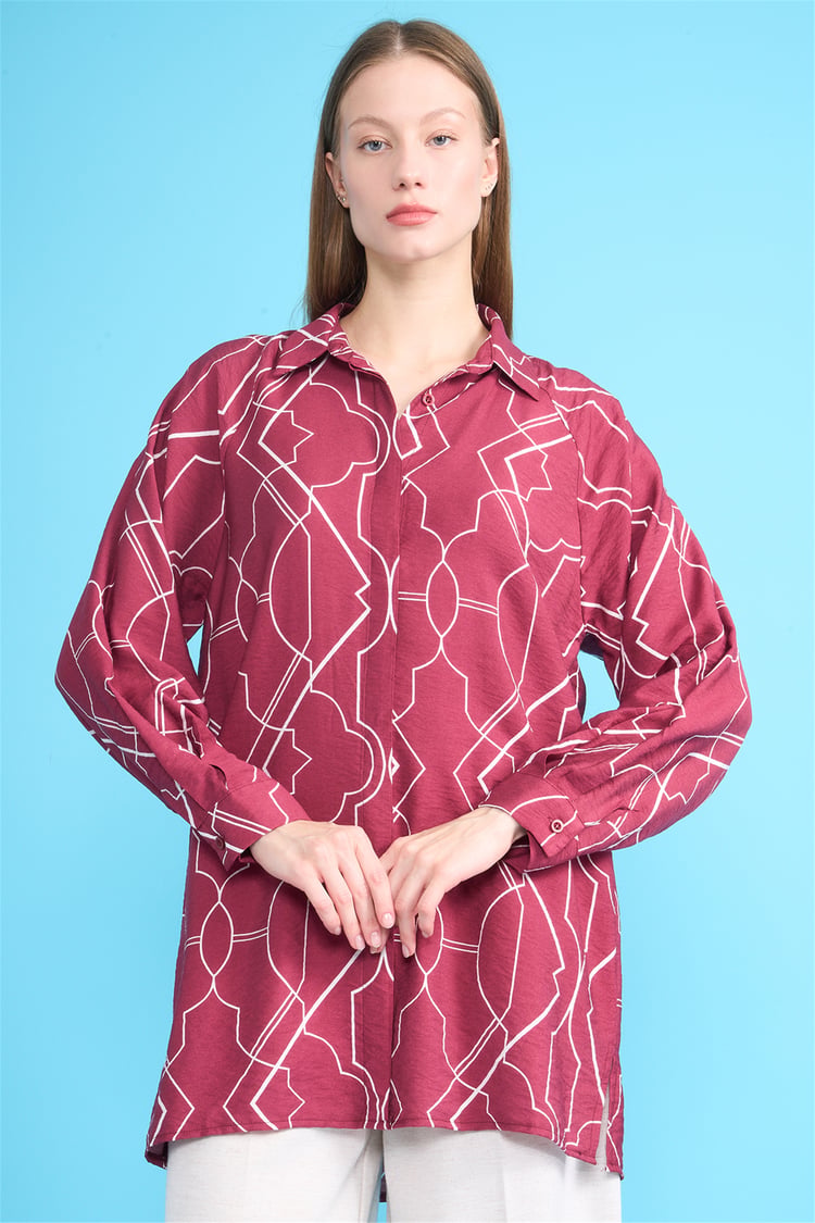Miya Mira Modest 1644 Kadın Gömlek Yaka Uzun Kol Viskon Tunik Bordo Geometrik Desen