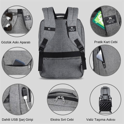 My Valice Smart Bag Active Usb Şarj Girişli Slim Notebook Sırt Çantası Gri