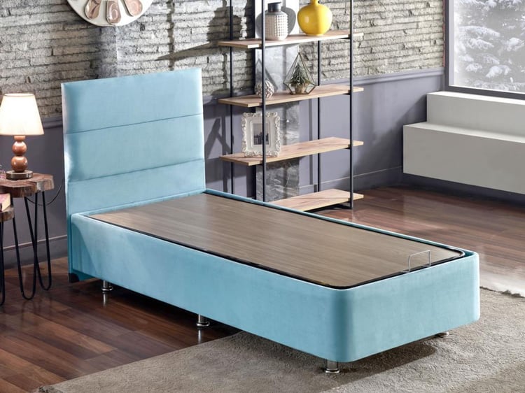 Niron Cozy 100x200 Tek Kişilik Yatak Seti - Mavi Kumaş Baza, Başlık ve Yatak Takımı
