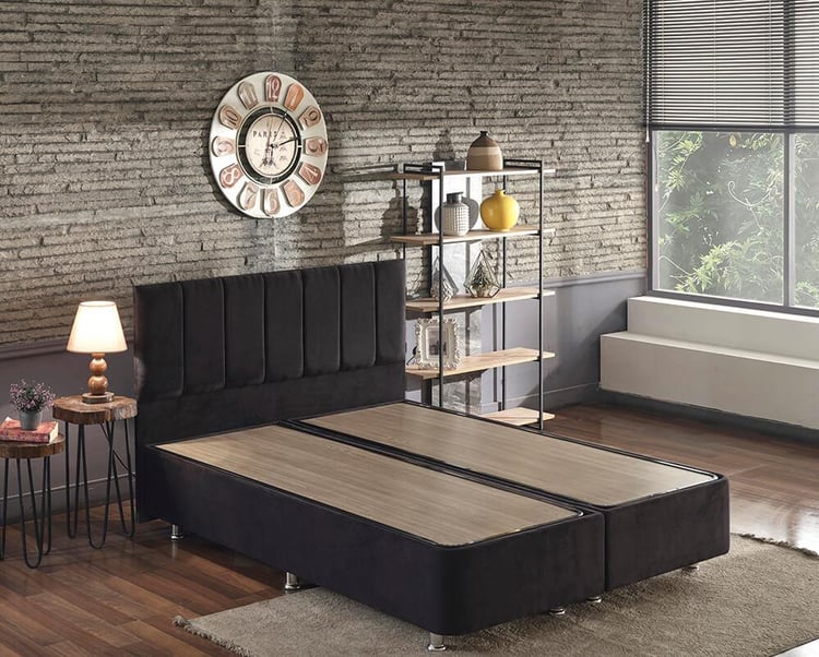 Niron Ela Baza ve Başlık Seti 150x200 cm Çift Kişilik Siyah Kumaş Baza ve Başlığı Silinebilir Soho Kumaş