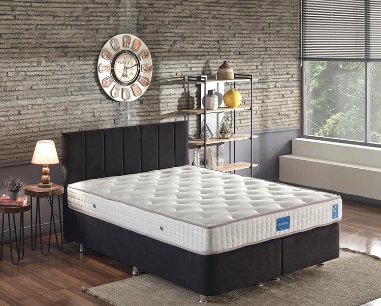 Niron Juliette 150x200 cm Çift Kişilik Yatak Baza Başlık Seti -  Siyah Kumaş Lüks Yatak Takımı