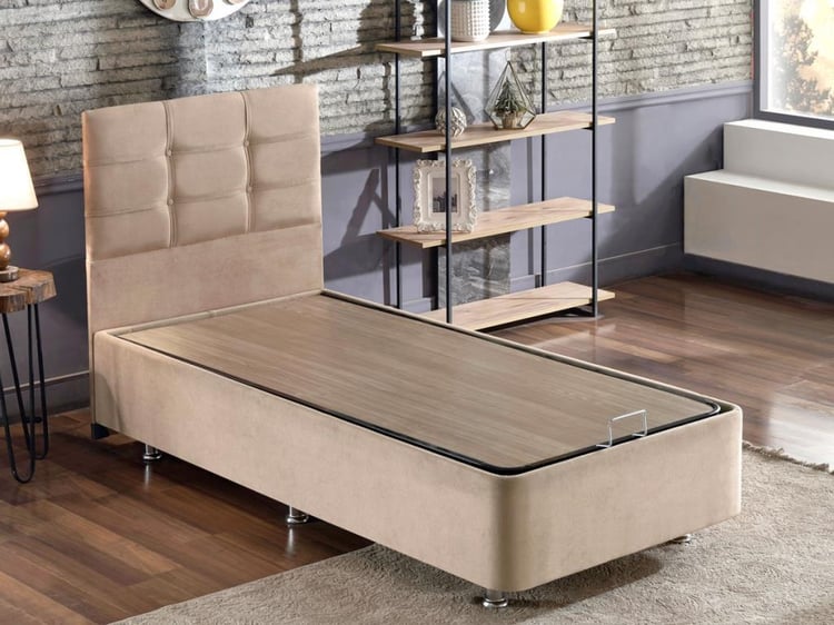 Niron Polo Baza ve Başlık Seti - 90x200 cm Tek Kişilik Sütlü Kahve Kumaş Baza ve Başlığı Soho Kumaş