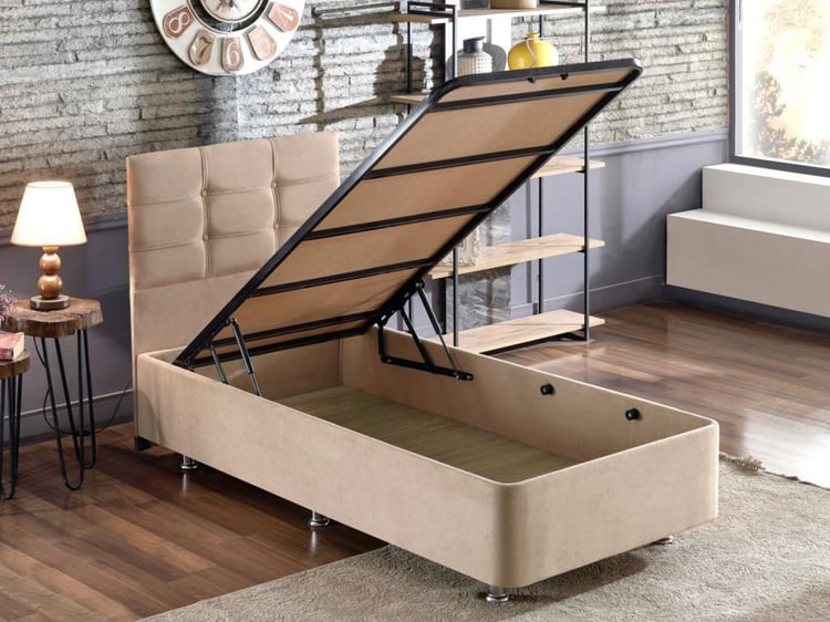 Niron Polo Baza ve Başlık Seti - 90x200 cm Tek Kişilik Sütlü Kahve Kumaş Baza ve Başlığı Soho Kumaş