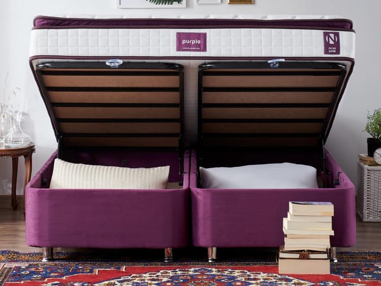 Niron Purple Baza ve Başlık Seti 160x200 cm Çift Kişilik Sandıklı Mor Kumaş Baza ve Başlığı