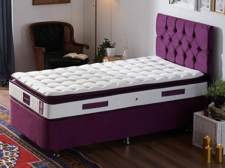 Niron Purple Yatak Seti 80x180 cm Tek Kişilik Yatak Baza Başlık Takımı - Orta Sert Yatak Mor Baza ve Başlığı