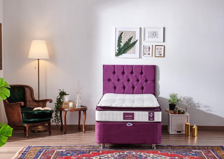 Niron Purple Yatak Seti 80x180 cm Tek Kişilik Yatak Baza Başlık Takımı - Orta Sert Yatak Mor Baza ve Başlığı