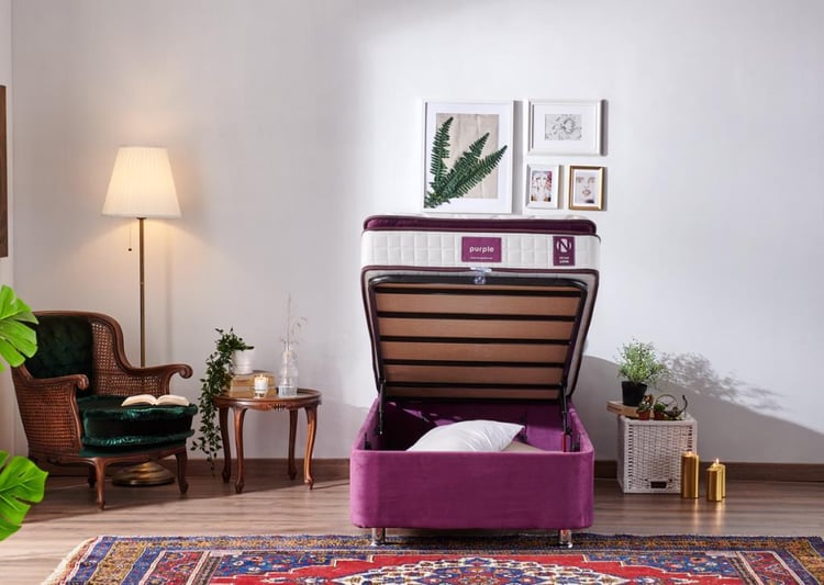 Niron Purple Yatak Seti 80x180 cm Tek Kişilik Yatak Baza Başlık Takımı - Orta Sert Yatak Mor Baza ve Başlığı