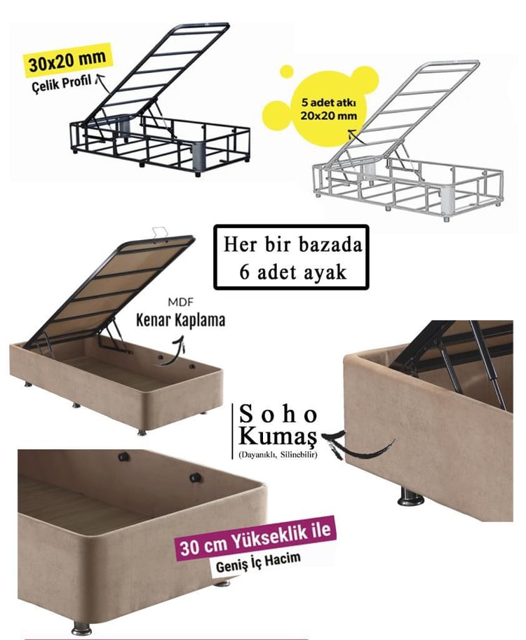 Niron Rama Baza ve Başlık Seti 160x200 cm Çift Kişilik Sütlü Kahve Kumaş Baza ve Başlığı Soho Kumaş