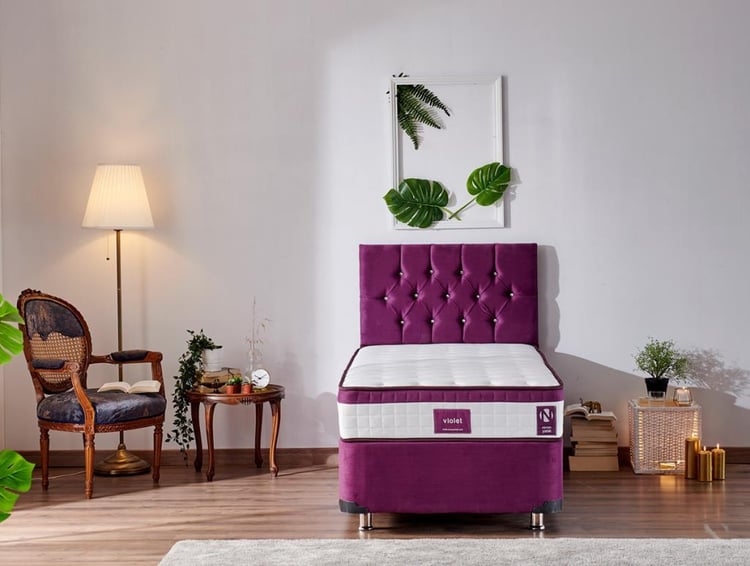 Niron Violet Yatak Seti 80x180 cm Tek Kişilik Yatak Baza Başlık Takımı - Orta Sert Yatak Mor Baza ve Başlığı