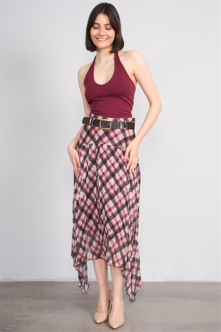 Patara Y26 26-7102 Bordo Kadın Marjin Ekose Etek S-Xxl