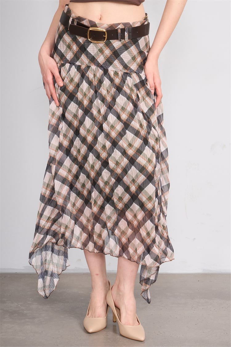 Patara Y26 26-7102 Haki Kadın Marjın Ekose Etek S-Xxl