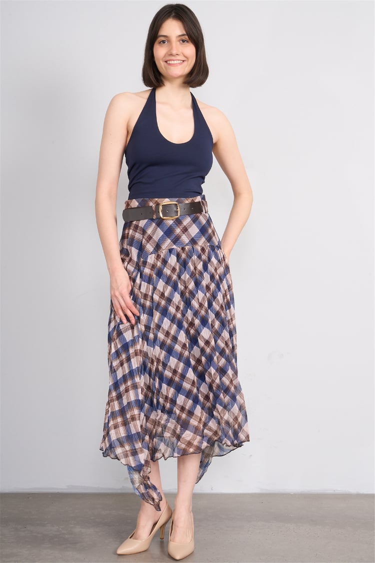 Patara Y26 26-7102 İndigo Kadın Marjin Ekose Etek S-Xxl