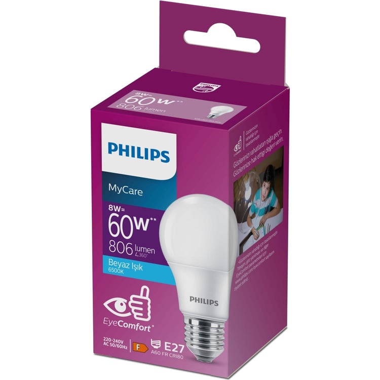 PHILIPS MYCARE LED LAMBA 8W=60W  ISIKE27 6500K BEYAZ ISIK