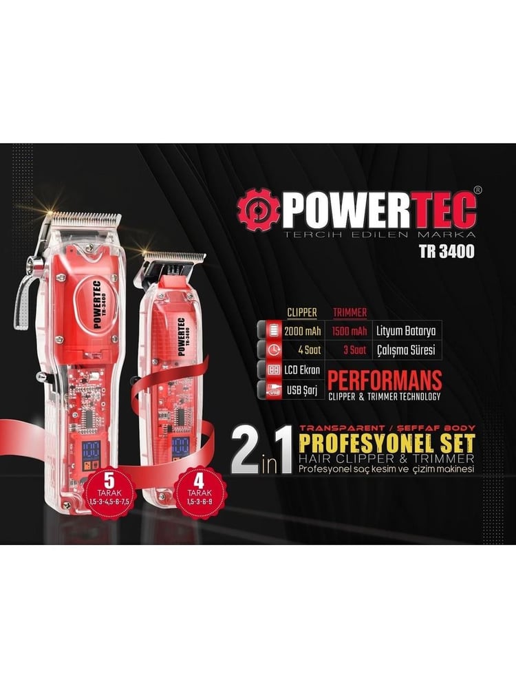 Powertec TR-3400 2'li Tıraş Makinesi Seti