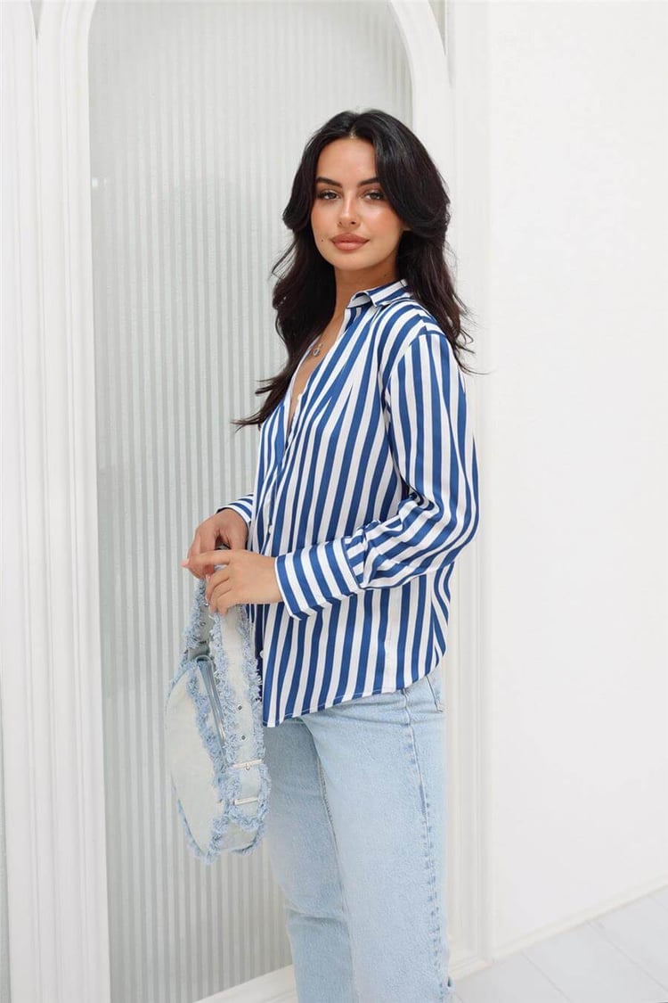 Reyon 34065 A16 Lacivert Kadın Cızgılı Saten Gömlek
