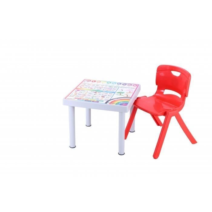 Sağlam Plastik Mandella Rubi Türkçe Desenli Çocuk Masası 1 Adet Nova Orta Çocuk Koltuk Kırmızı