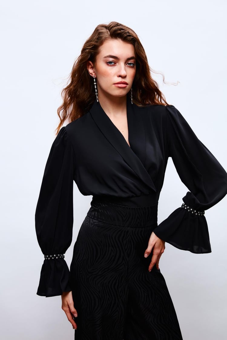 Sateen 1133-1065 Siyah Kadın Şal Yaka Korsajlı Bluz