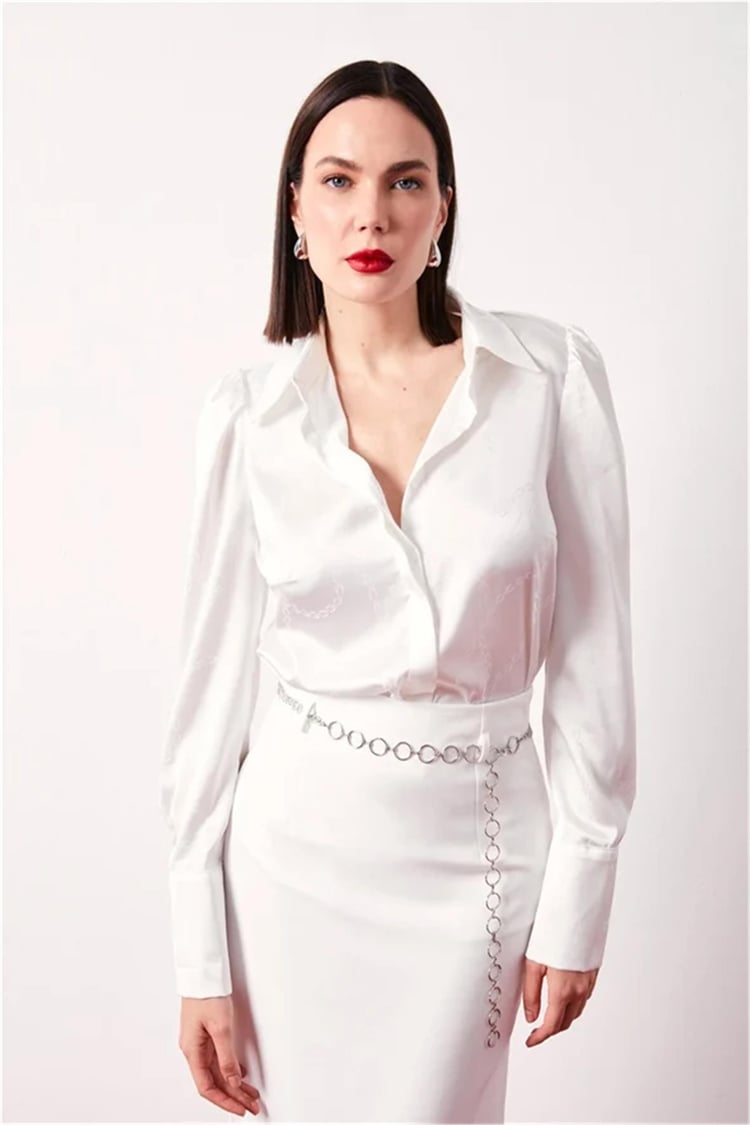 Sateen 1401-2031 Ekru Vatkalı Saten Gömlek