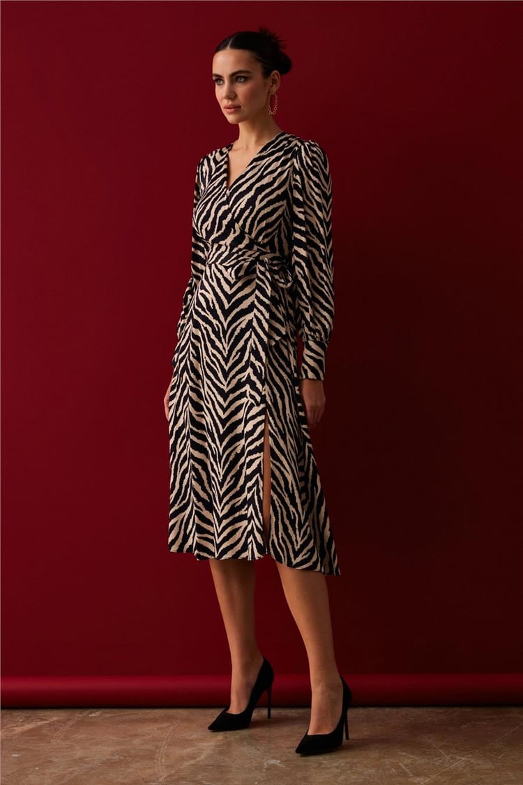 Sateen 3011-3511 Kadın Siyah Zebra Saten Elbise