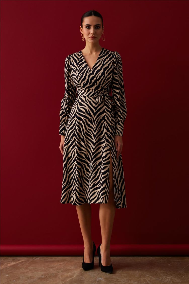 Sateen 3011-3511 Kadın Siyah Zebra Saten Elbise