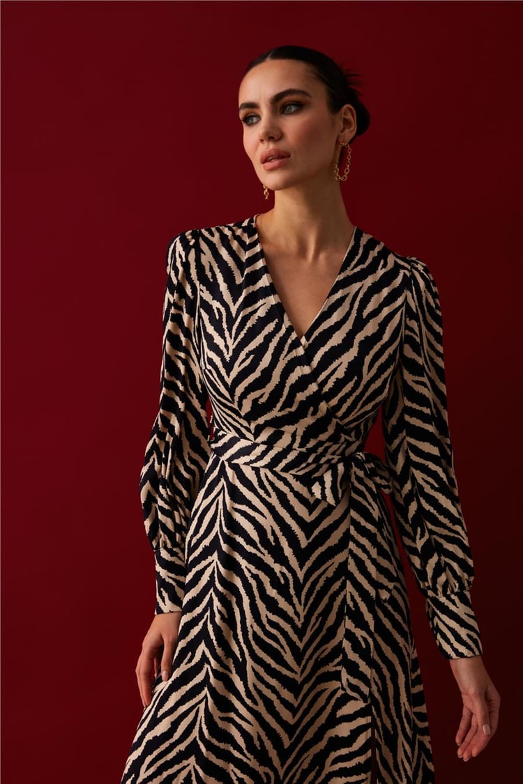 Sateen 3011-3511 Kadın Siyah Zebra Saten Elbise