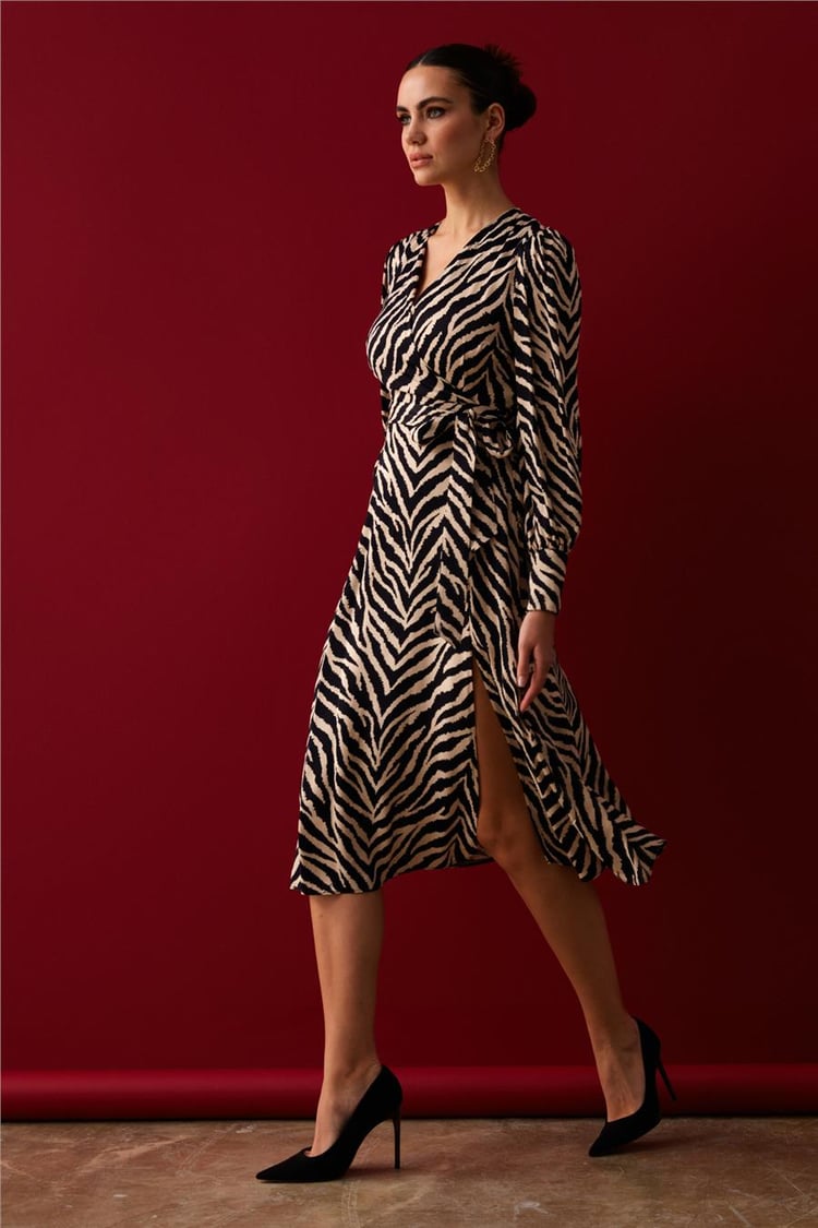 Sateen 3011-3511 Kadın Siyah Zebra Saten Elbise