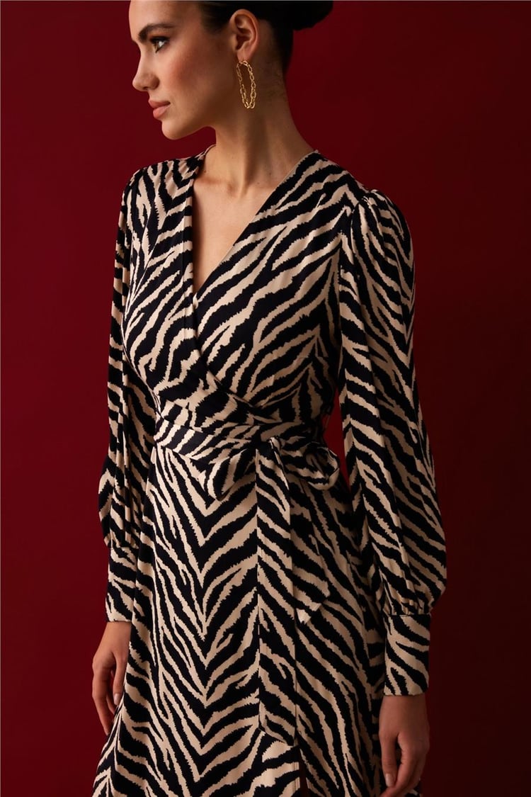 Sateen 3011-3511 Kadın Siyah Zebra Saten Elbise
