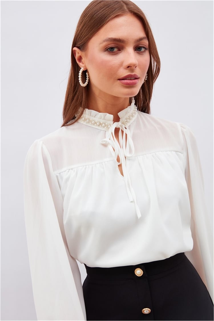 Sateen 3033-1005 Ekru Kadın Aksesuarlı Bluz