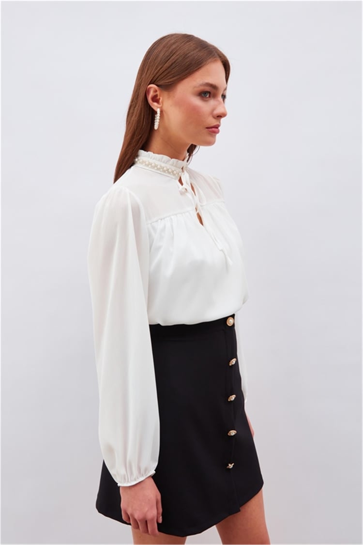 Sateen 3033-1005 Ekru Kadın Aksesuarlı Bluz