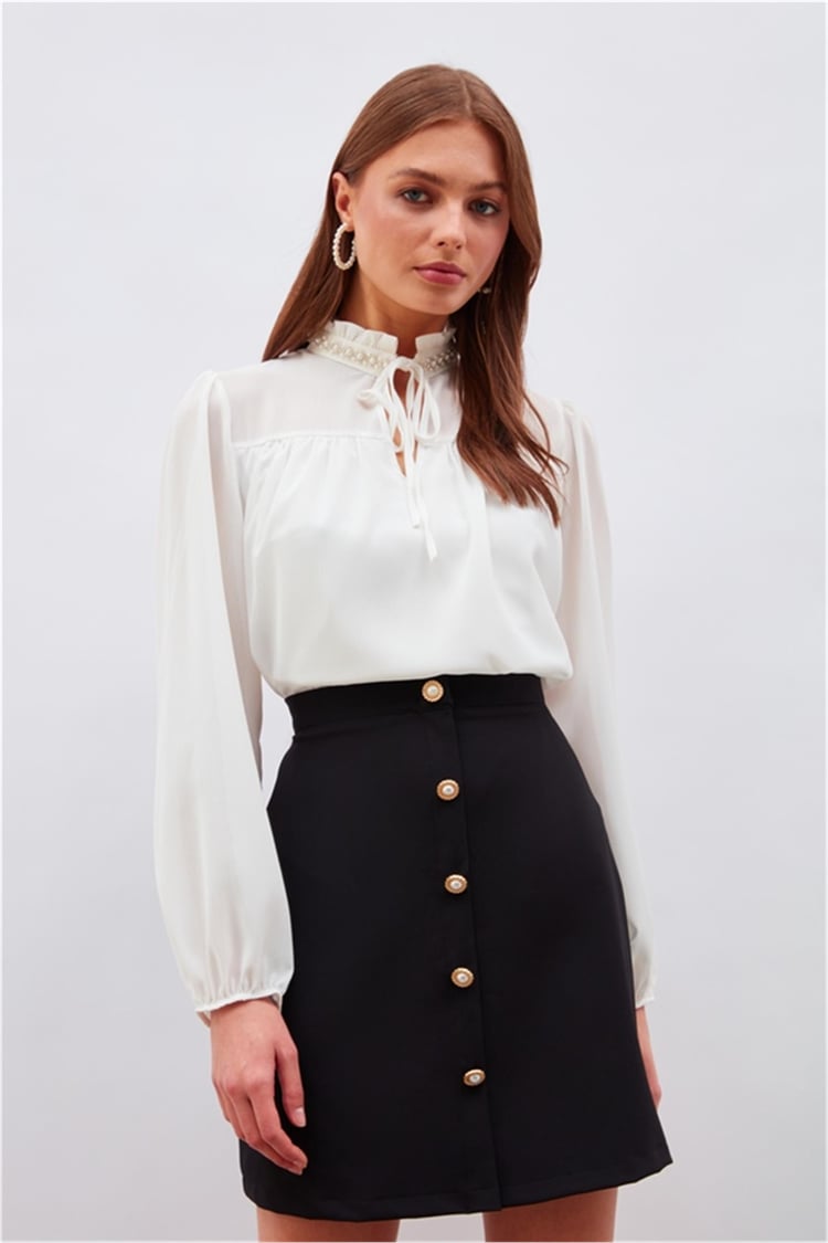 Sateen 3033-1005 Ekru Kadın Aksesuarlı Bluz